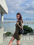 V Collar Neck Long Sleeves Mini Dress
