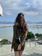 V Collar Neck Long Sleeves Mini Dress