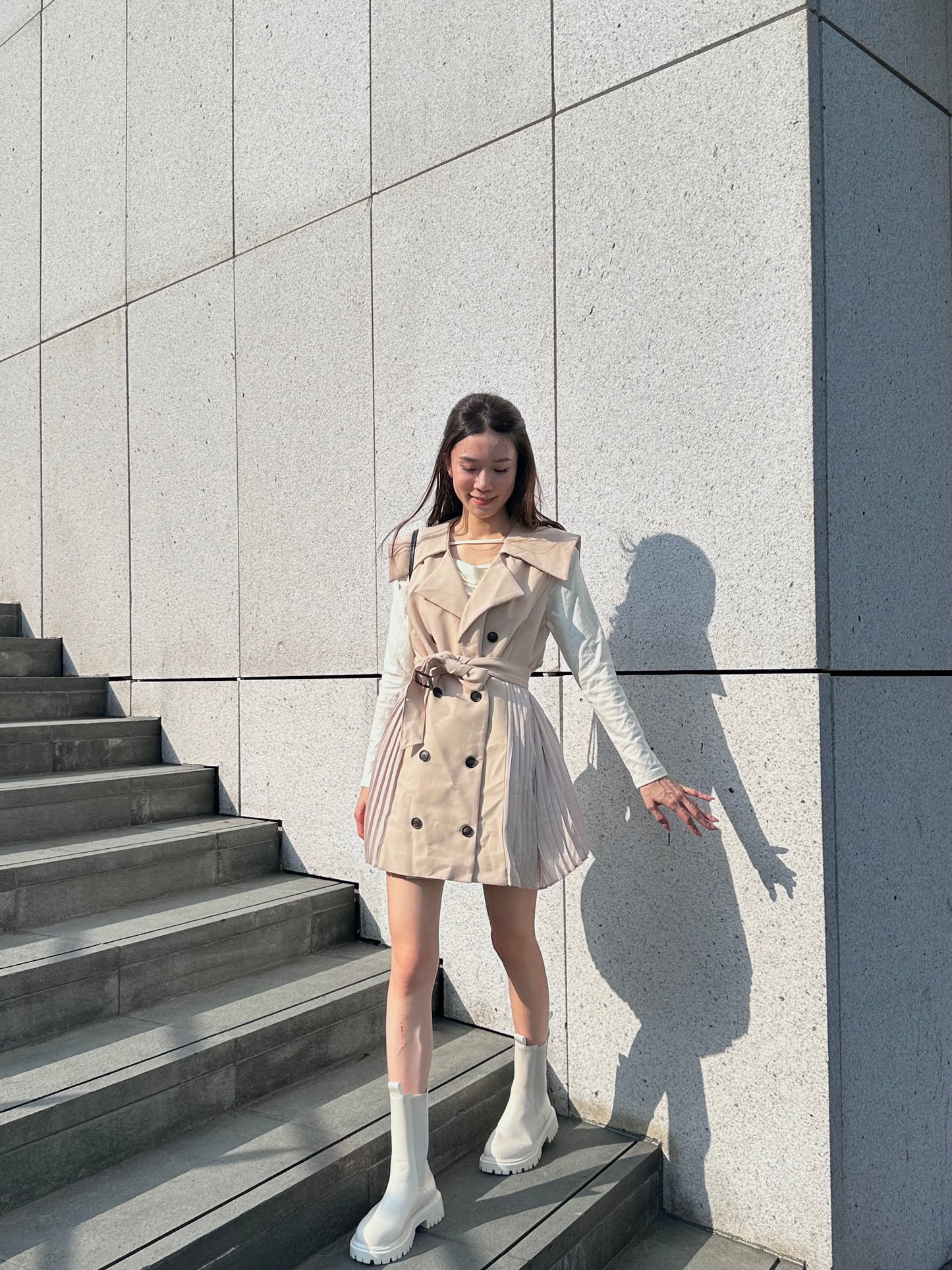 Pleated Trench Coat Mini Dress