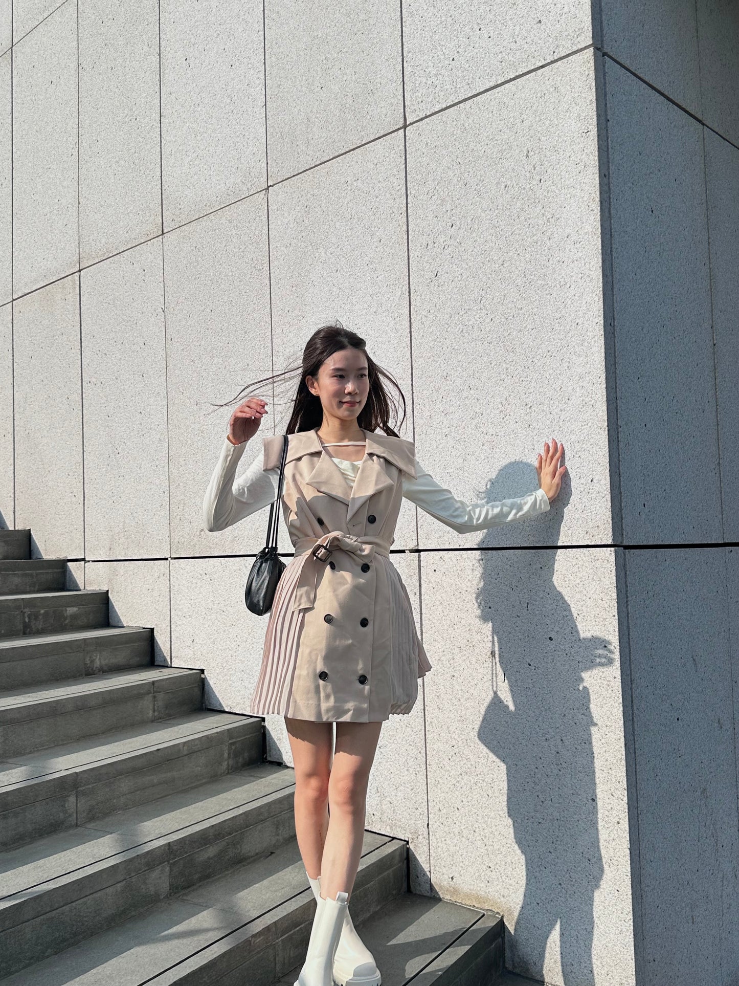 Pleated Trench Coat Mini Dress
