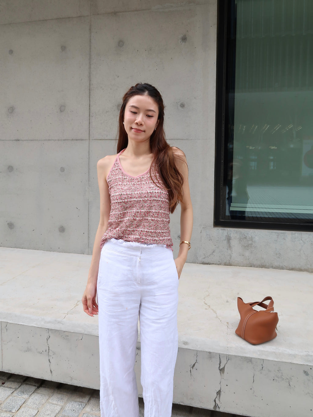Pink Cross Neck Flowery Tank Top