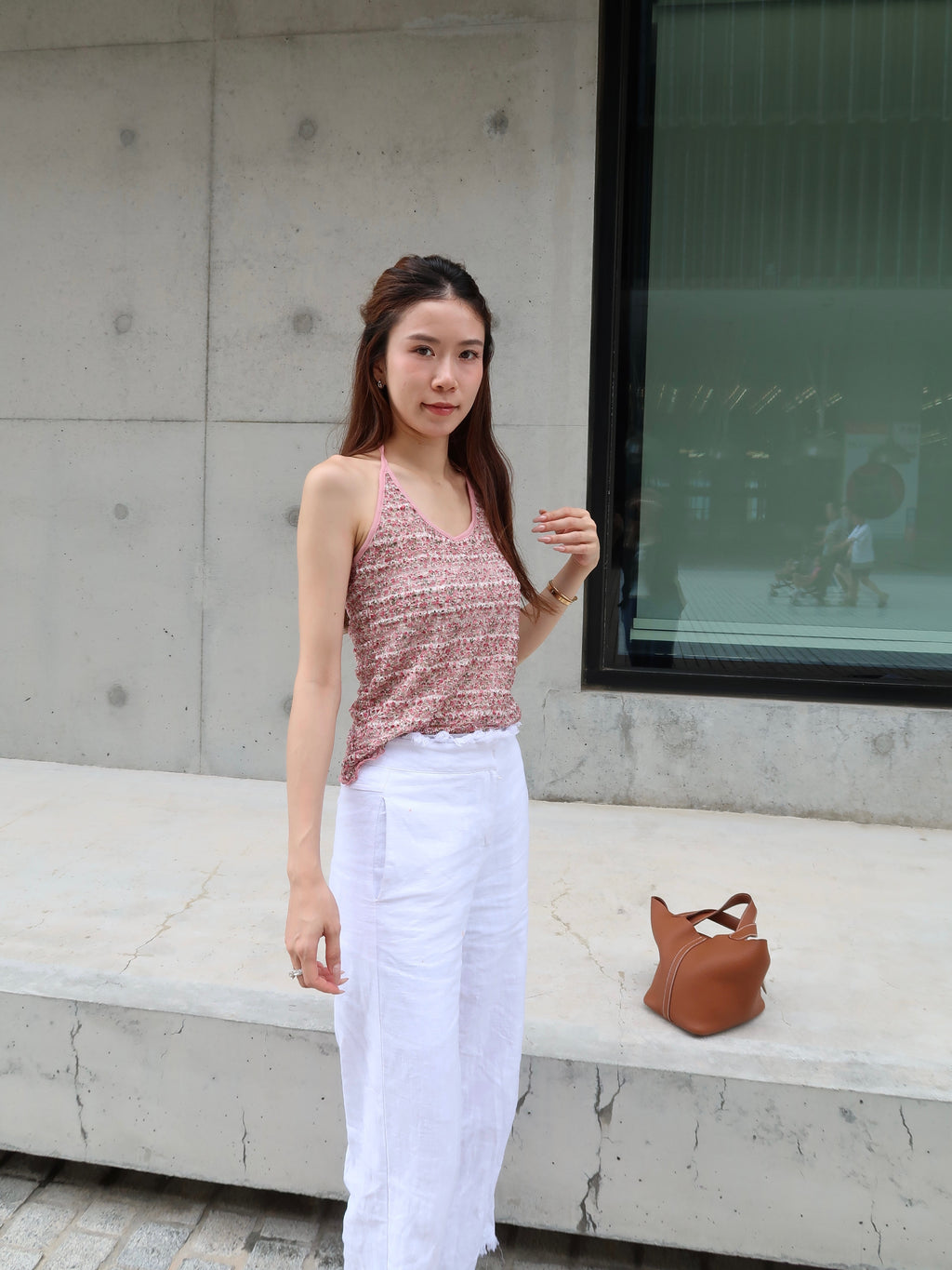 Pink Cross Neck Flowery Tank Top