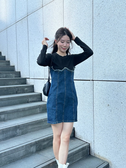 Half Cotton Denim Mini Dress
