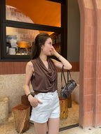 Tencel Ruffles Neck Tank Top