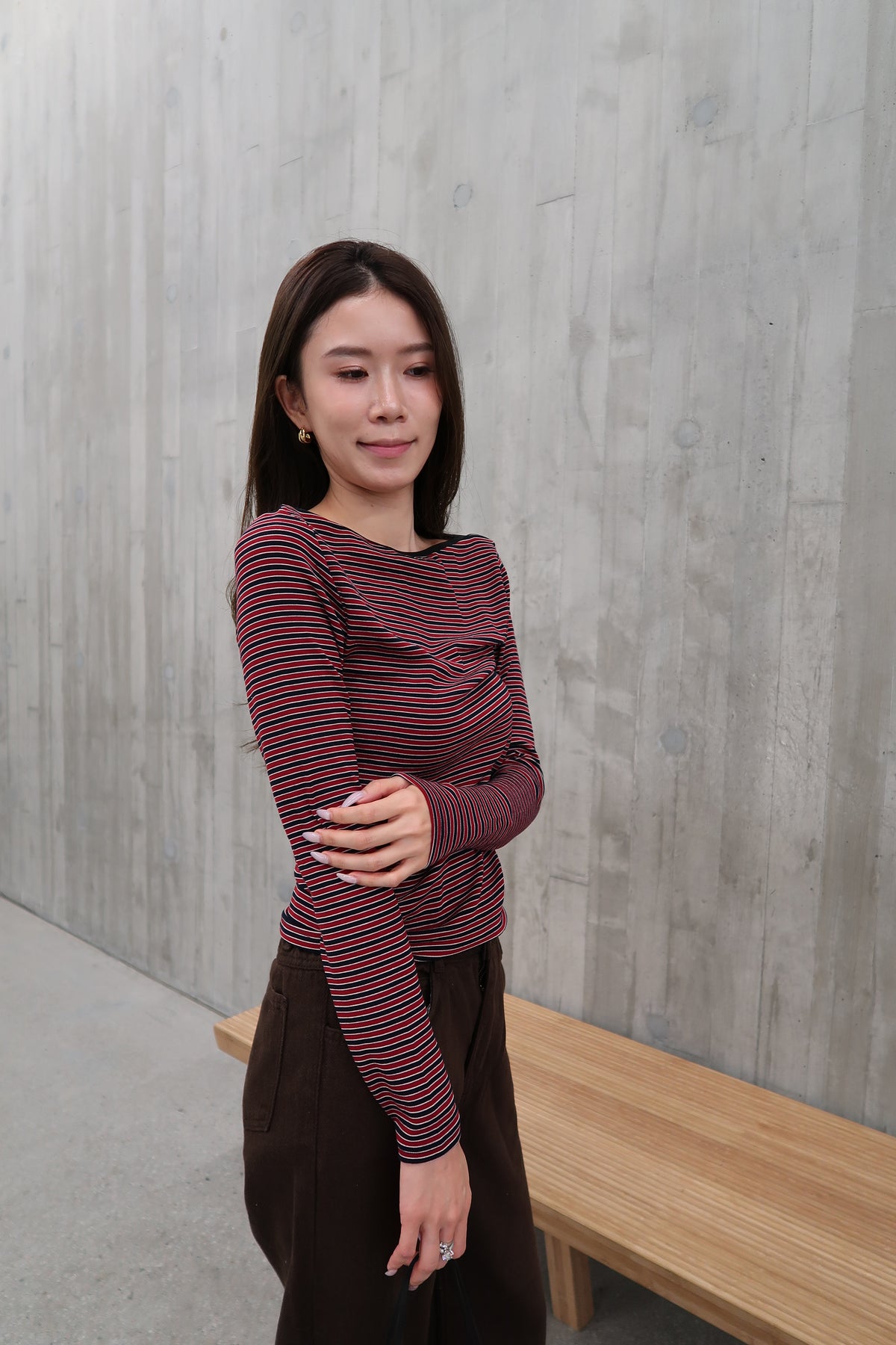 Slim Big Neck Stripe Long Sleeves Top