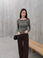 Slim Big Neck Stripe Long Sleeves Top