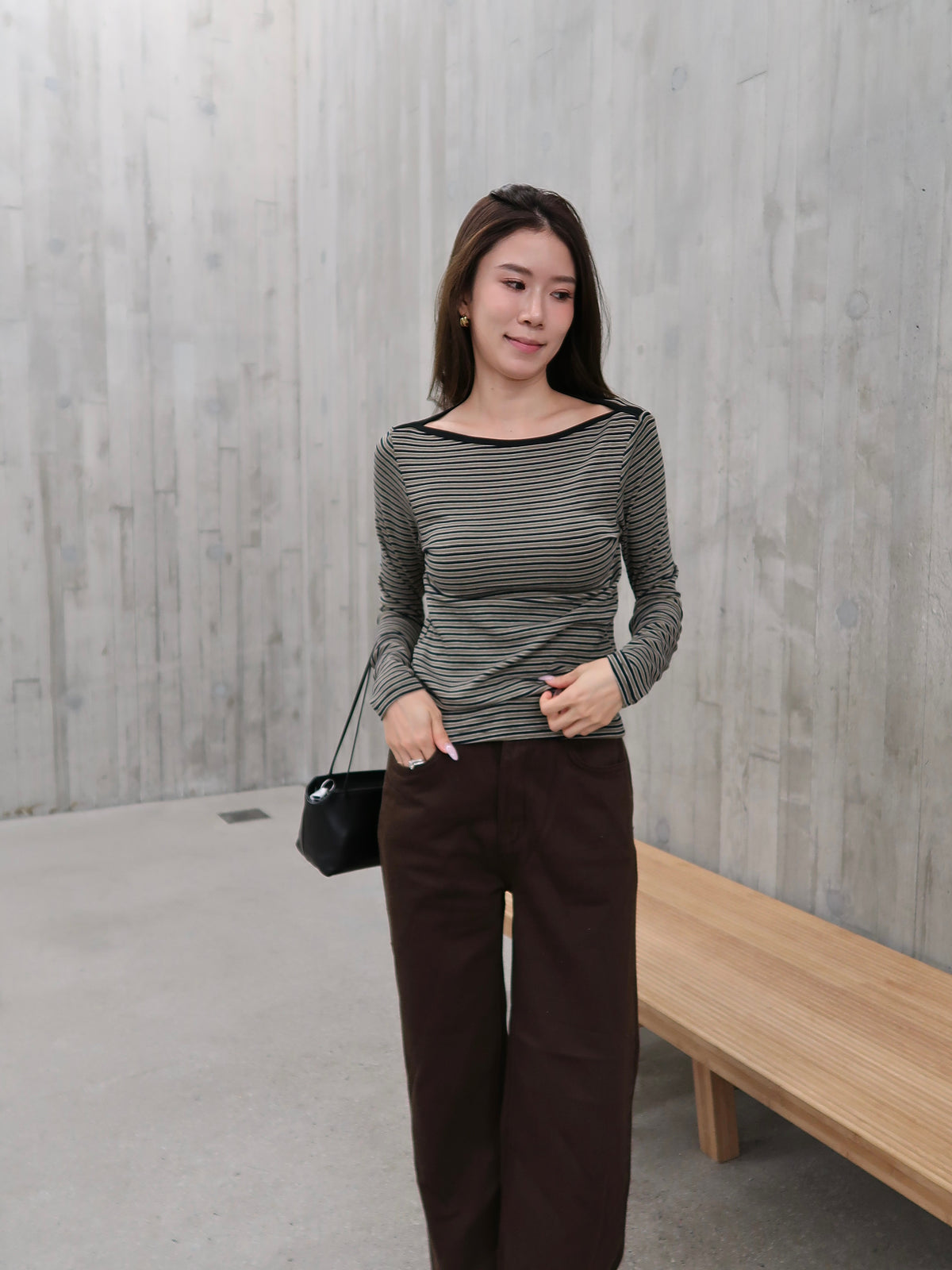 Slim Big Neck Stripe Long Sleeves Top