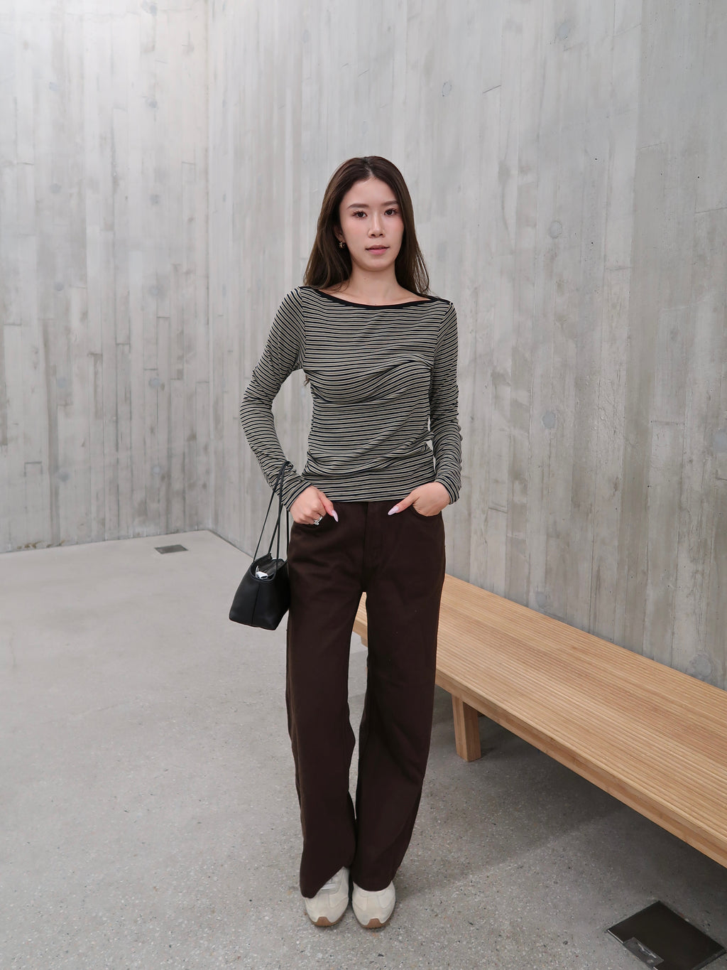 Slim Big Neck Stripe Long Sleeves Top
