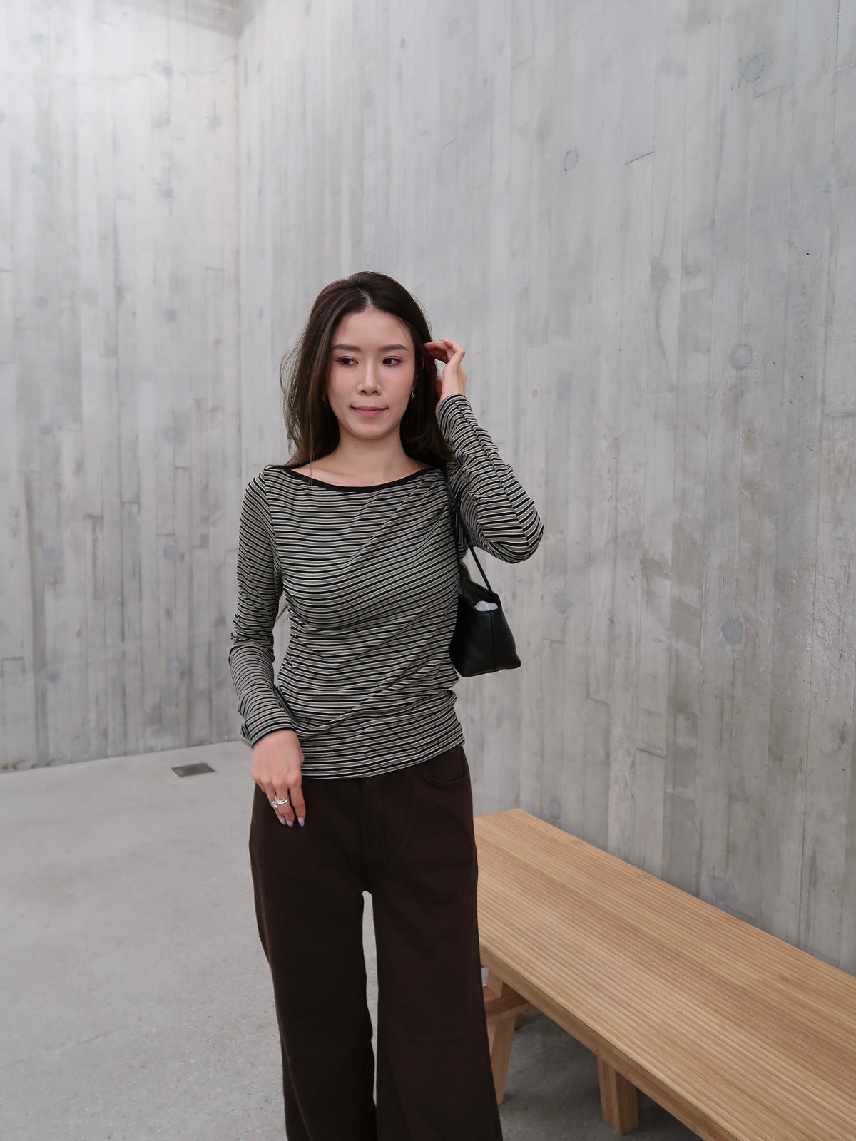 Slim Big Neck Stripe Long Sleeves Top