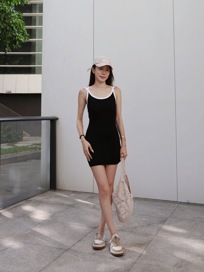 White Lined Cotton Mini Dress