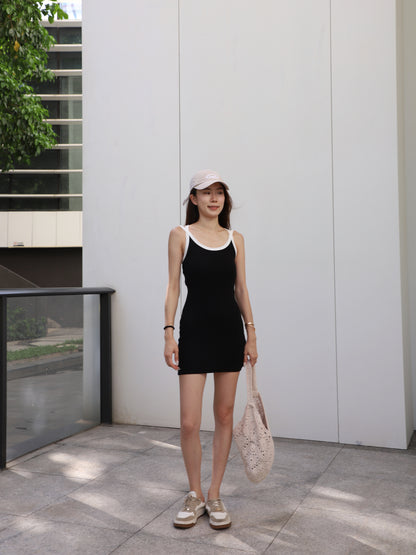 White Lined Cotton Mini Dress