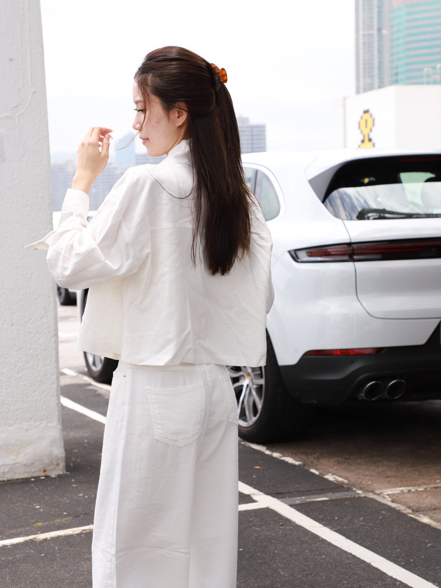 Linen Cropped Leather Button Jacket