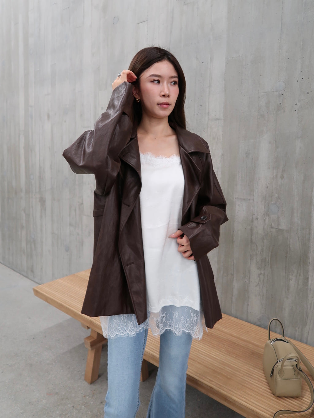 Pu Leather Trench Coat with Belt