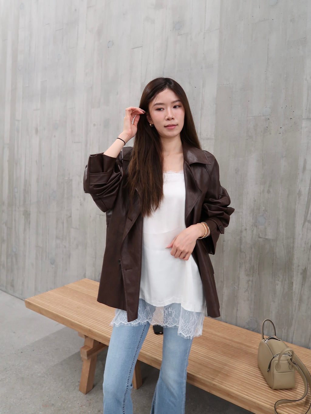 Pu Leather Trench Coat with Belt