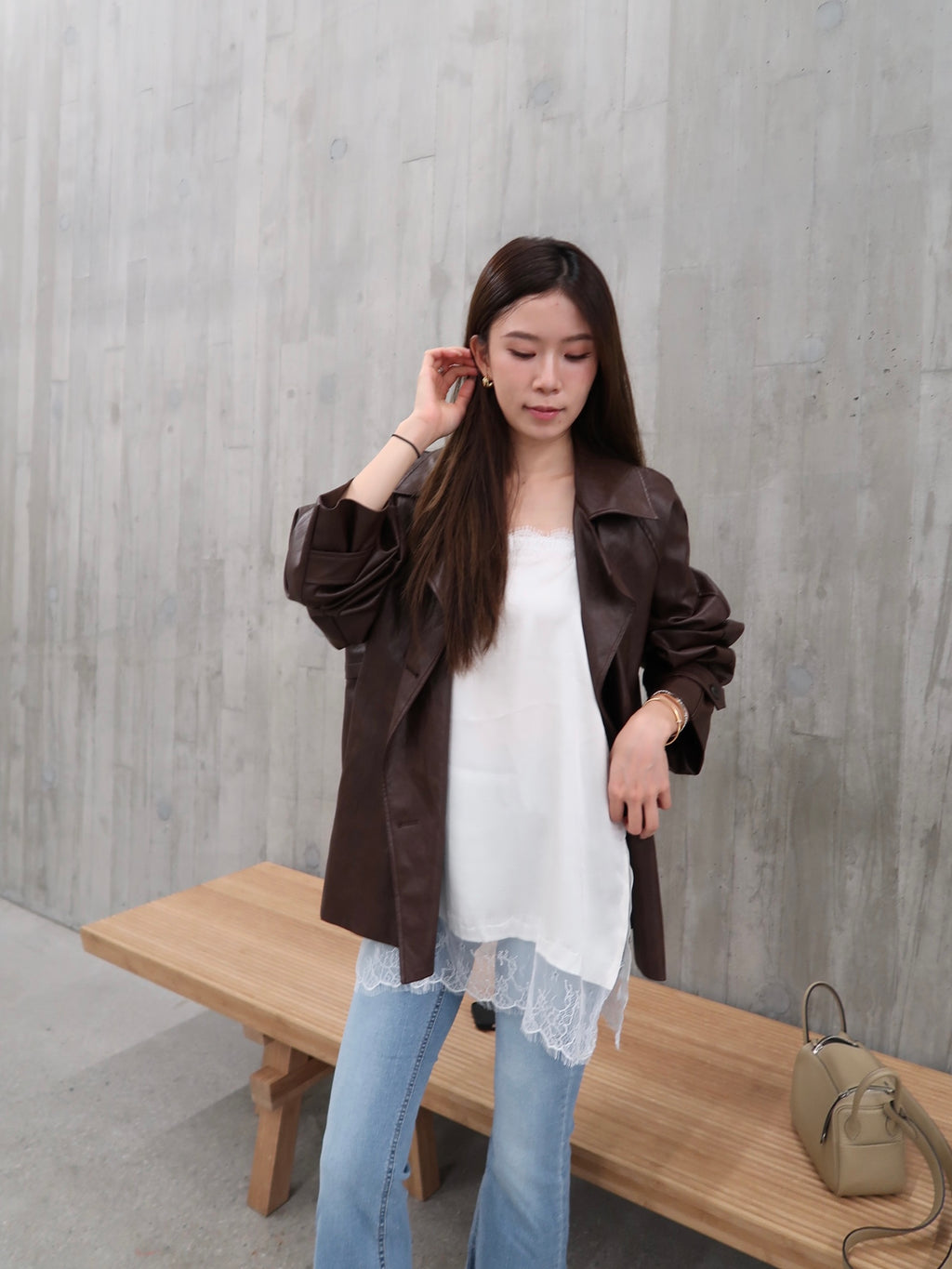 Pu Leather Trench Coat with Belt