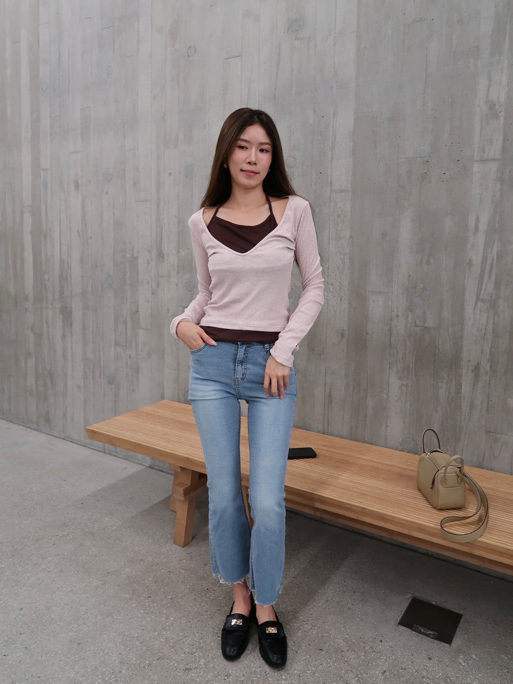 Pink Mix Brown Layer Long Sleeves Top
