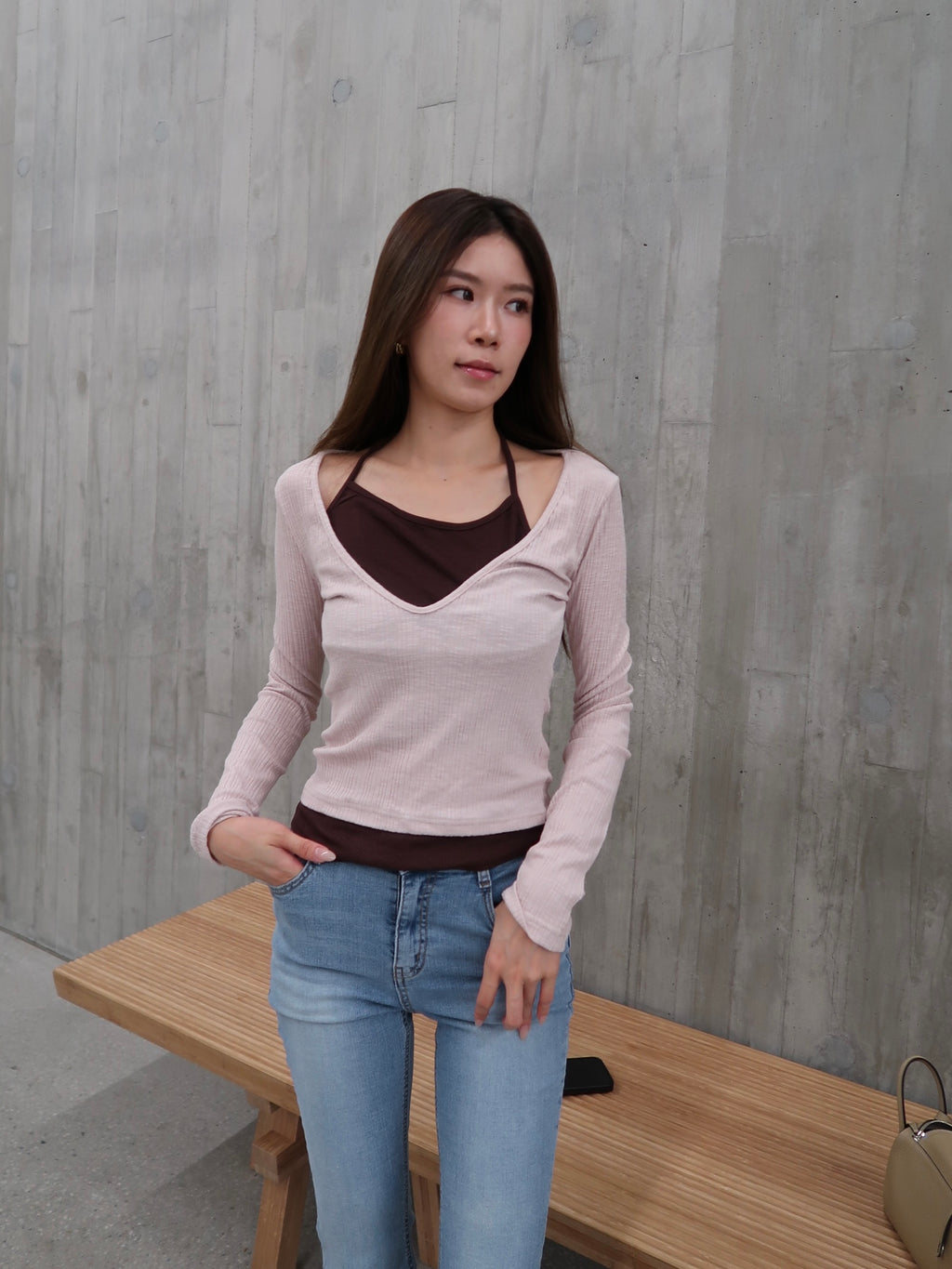 Pink Mix Brown Layer Long Sleeves Top