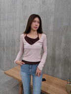 Pink Mix Brown Layer Long Sleeves Top