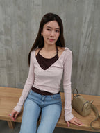 Pink Mix Brown Layer Long Sleeves Top