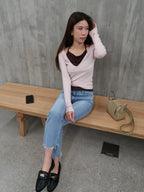 Pink Mix Brown Layer Long Sleeves Top