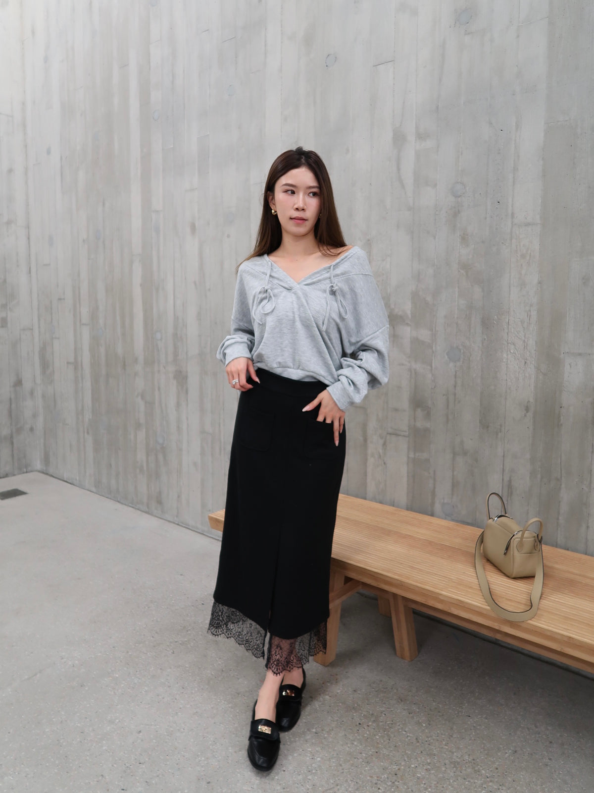 Cotton Slit Lace Midi Skirt