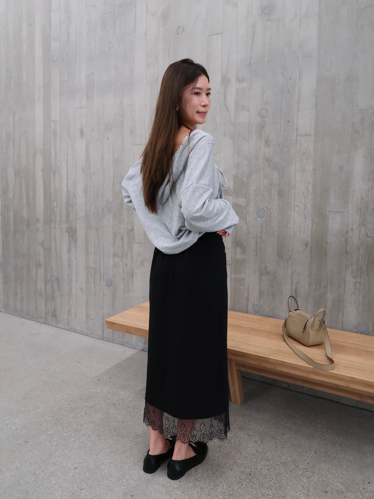 Cotton Slit Lace Midi Skirt