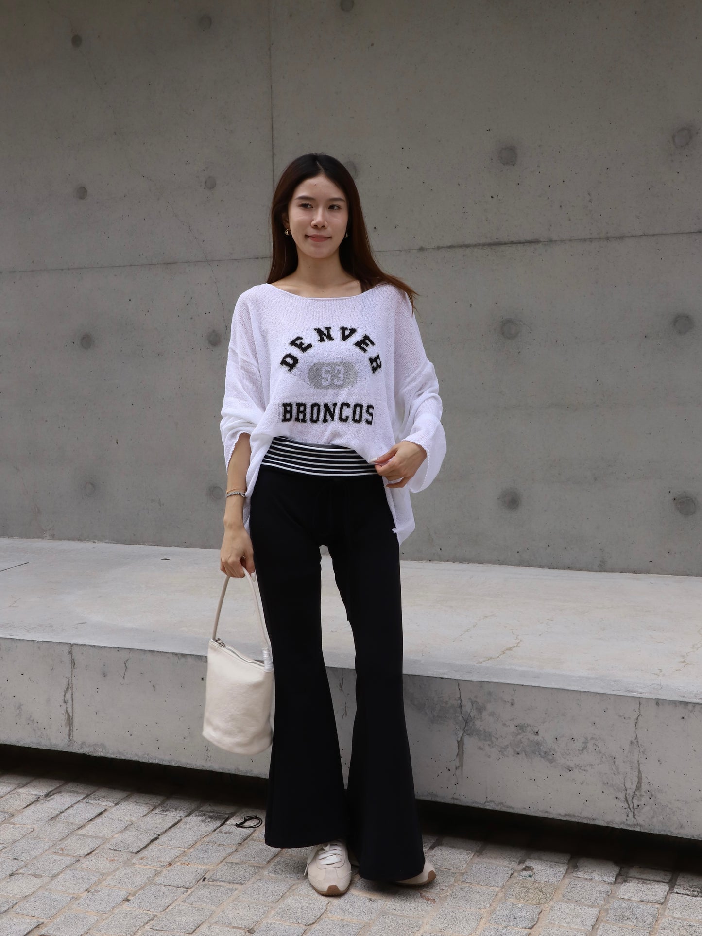 Striped Flare Cotton Pants with Words