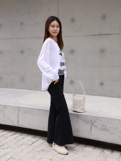 Striped Flare Cotton Pants with Words