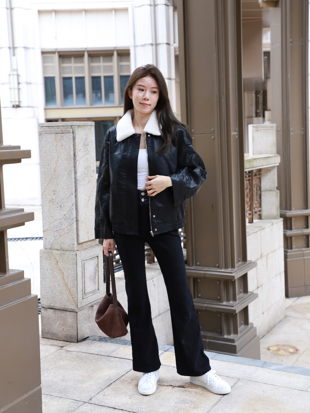 Fluffy Collar Neck Leather Jacket