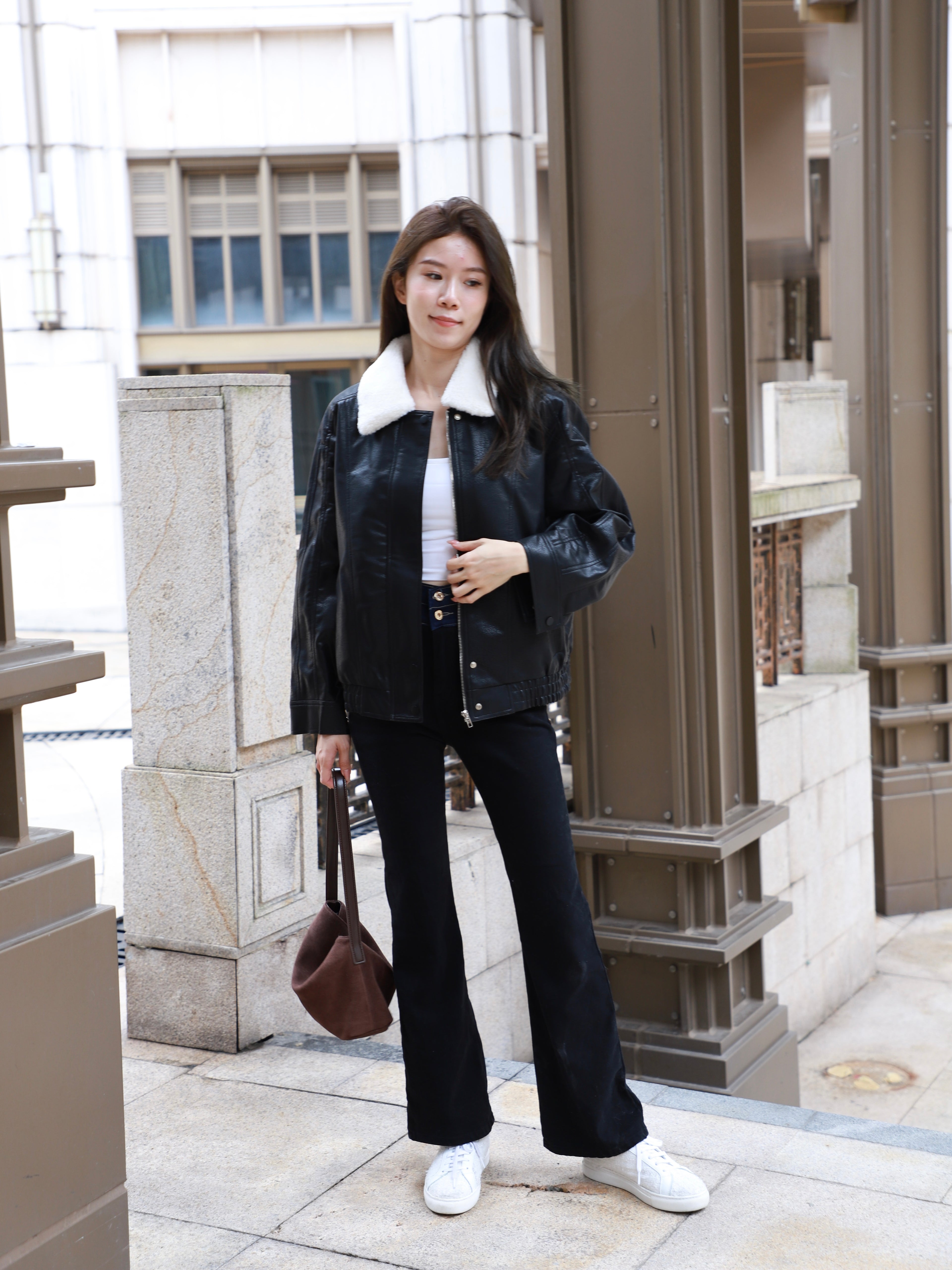 Fluffy Collar Neck Leather Jacket