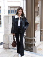 Fluffy Collar Neck Leather Jacket