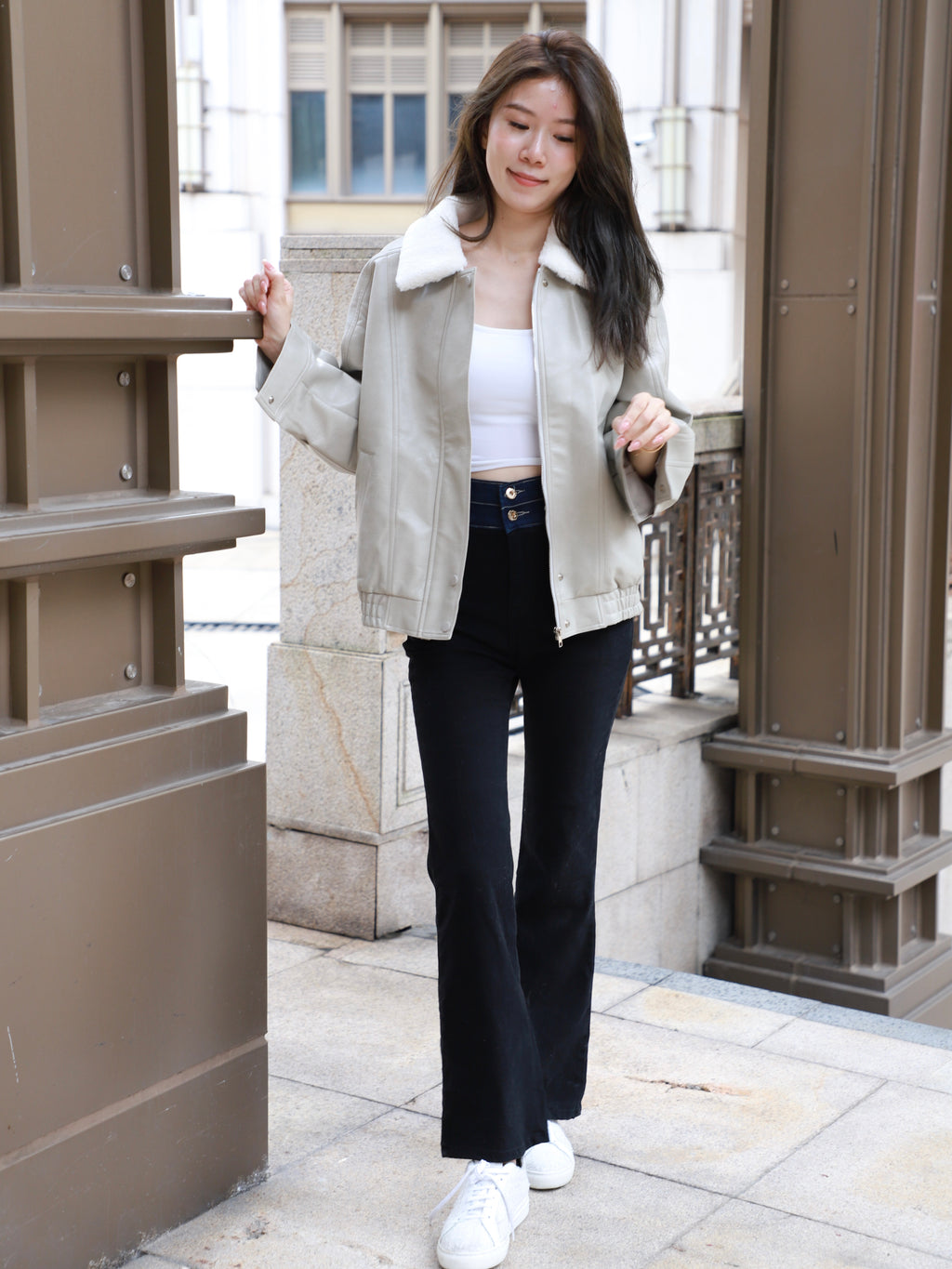 Fluffy Collar Neck Leather Jacket