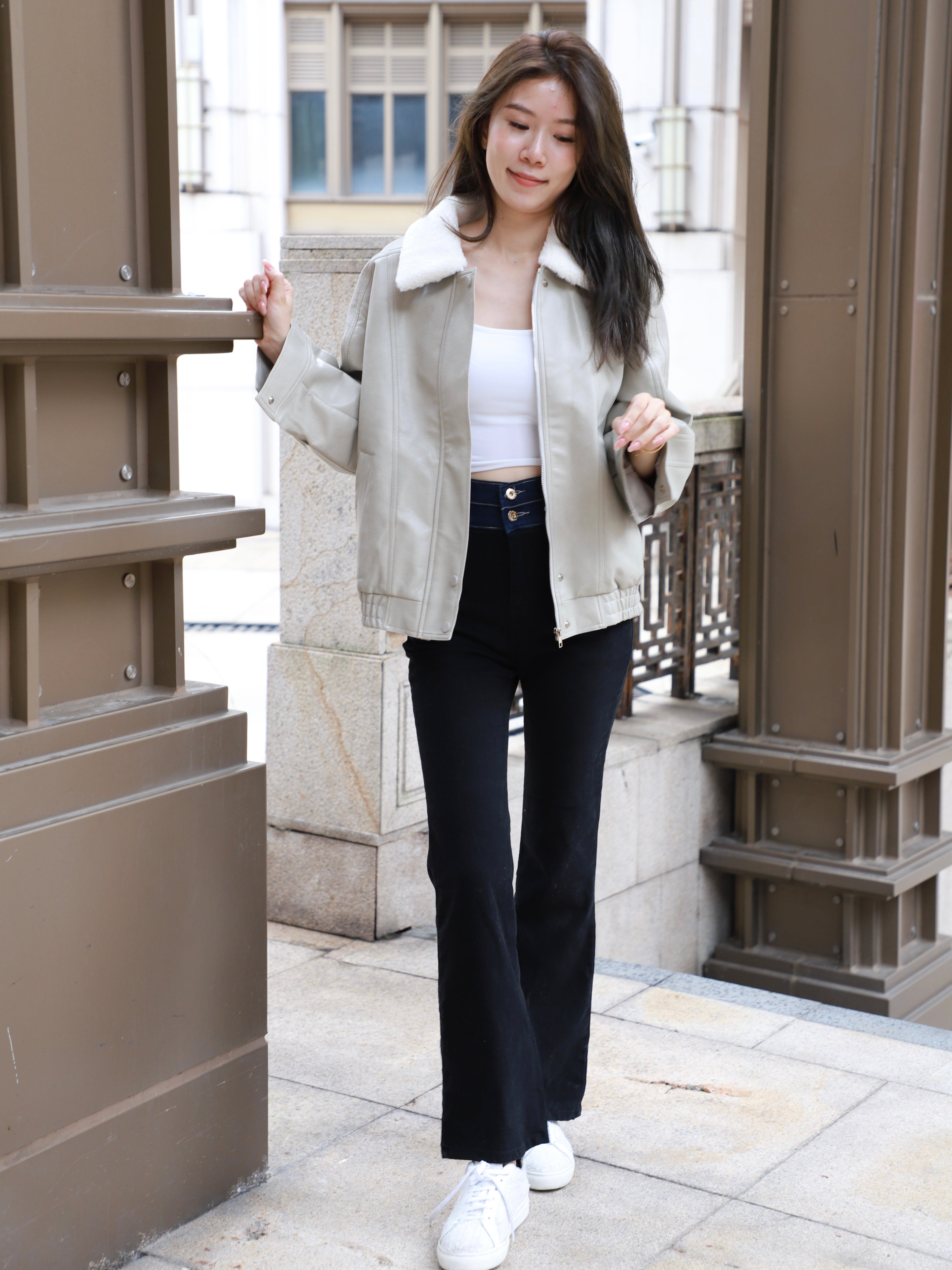 Fluffy Collar Neck Leather Jacket