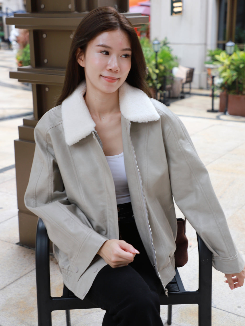 Fluffy Collar Neck Leather Jacket