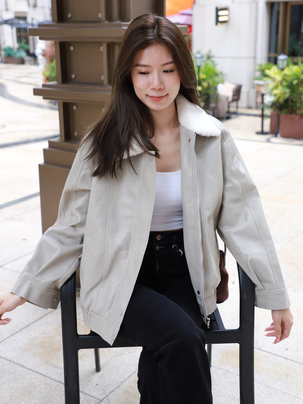 Fluffy Collar Neck Leather Jacket