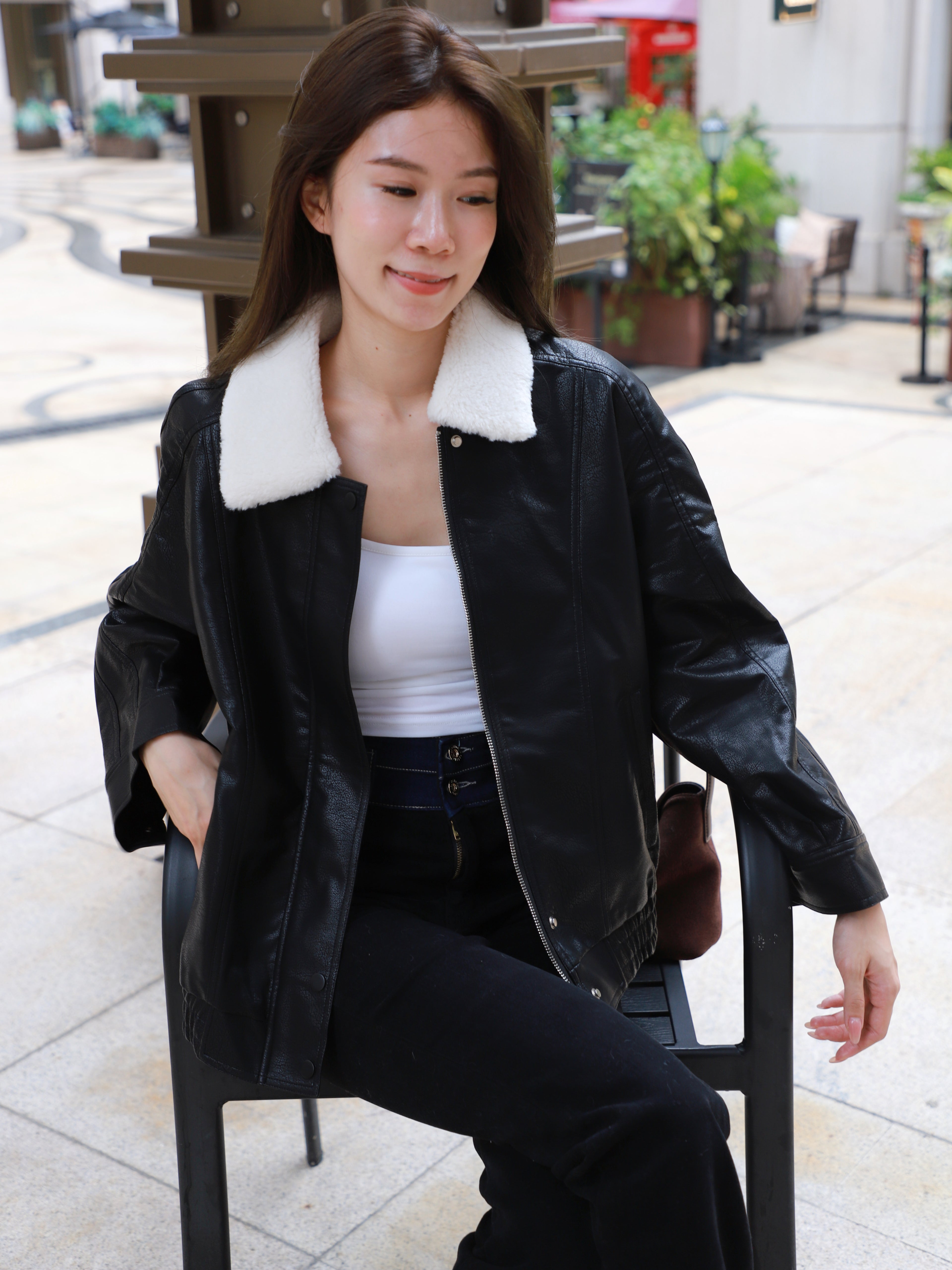 Fluffy Collar Neck Leather Jacket