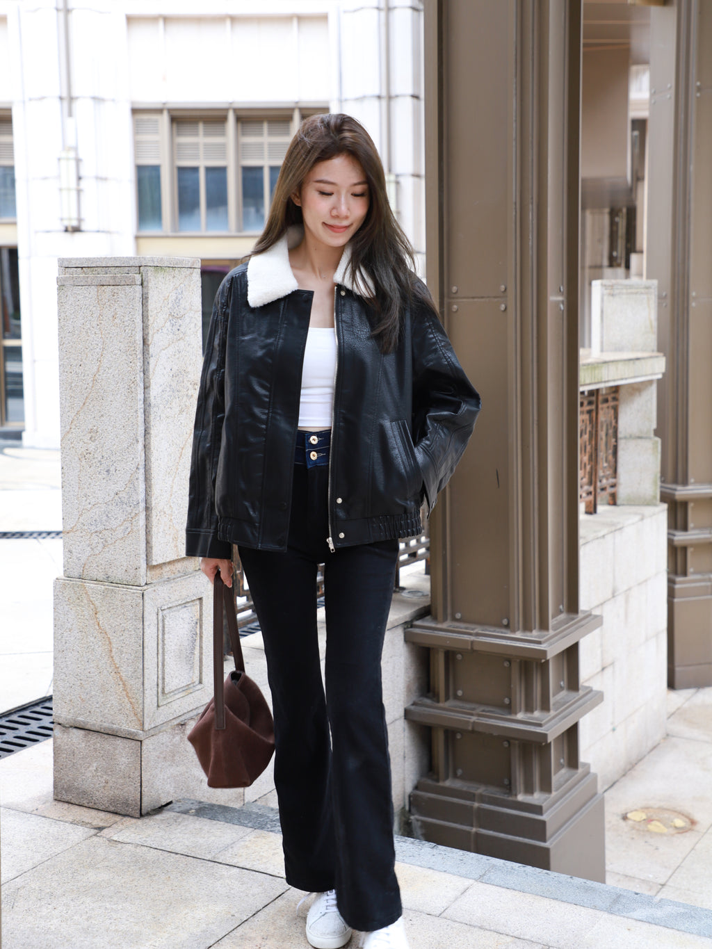 Fluffy Collar Neck Leather Jacket