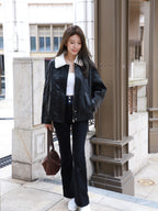 Fluffy Collar Neck Leather Jacket
