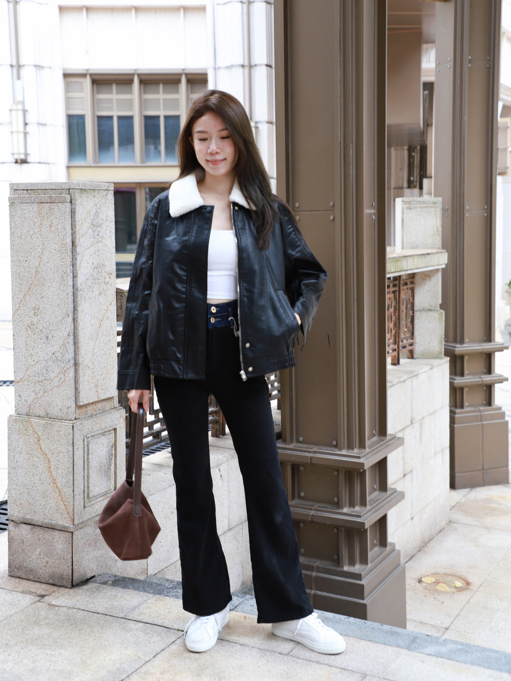 Fluffy Collar Neck Leather Jacket