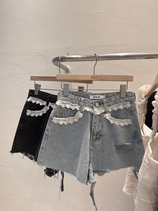 Lace High Waist Denim Shorts