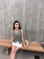 Striped V Neck Vest with Button