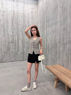 Striped V Neck Vest with Button