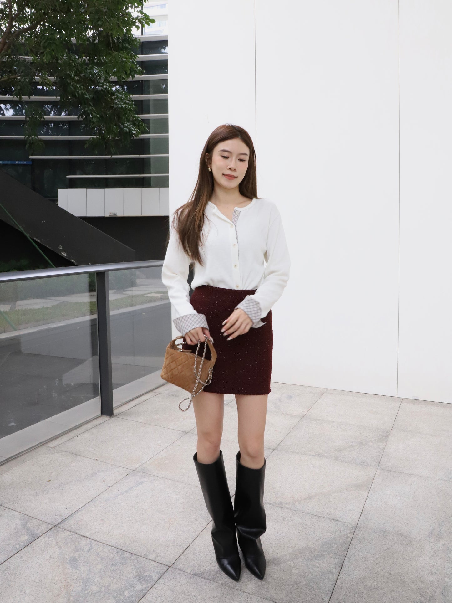 Checked Sleeves Wool Top