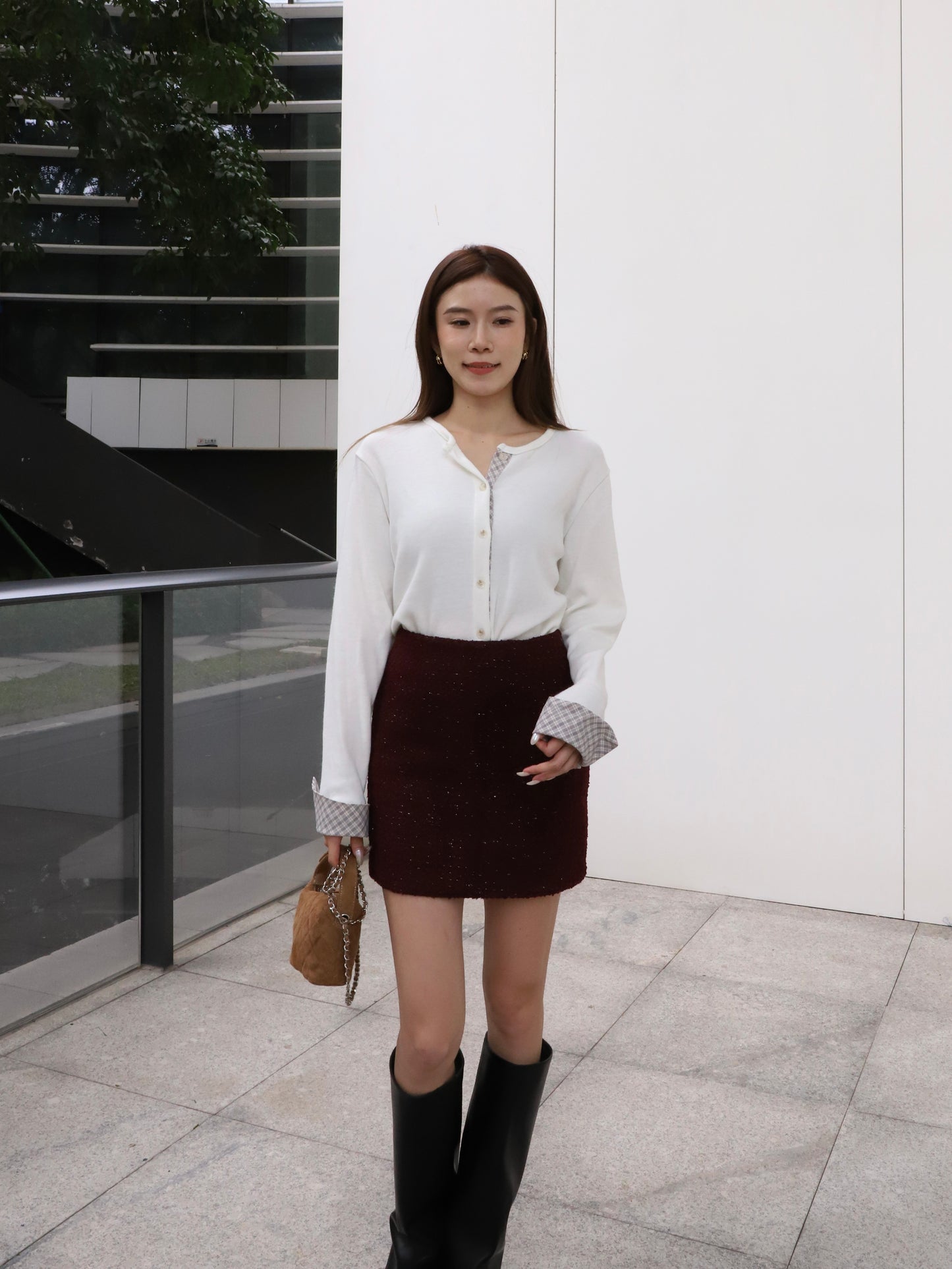 Checked Sleeves Wool Top