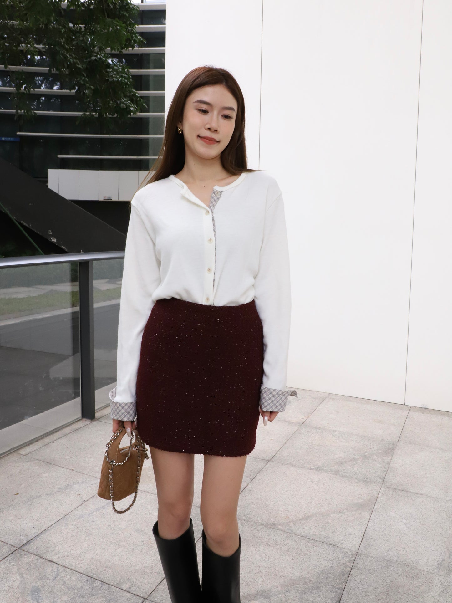 Checked Sleeves Wool Top