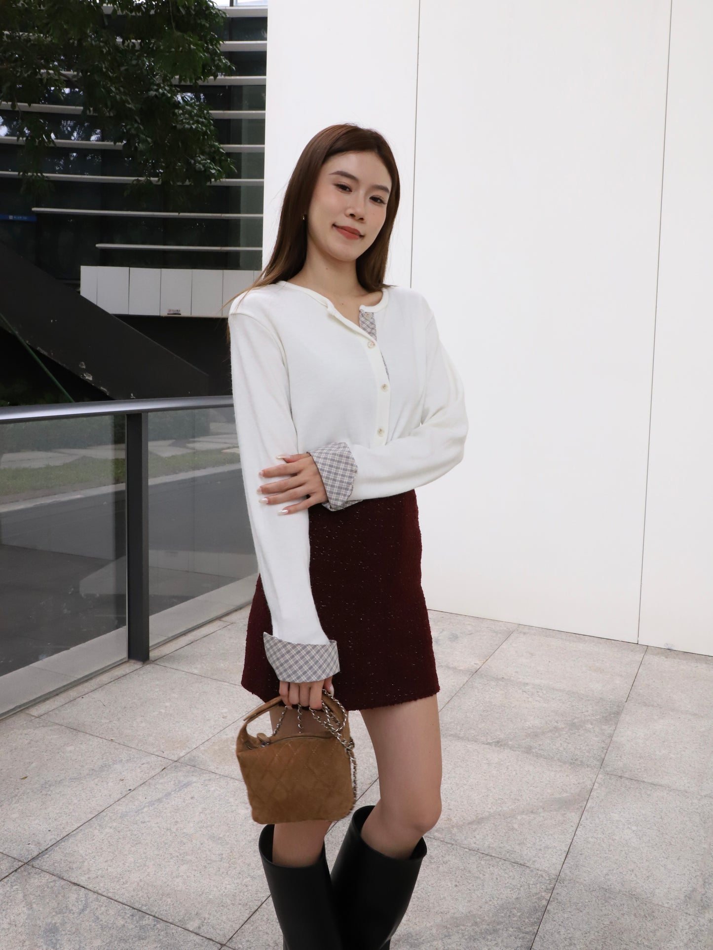 Checked Sleeves Wool Top