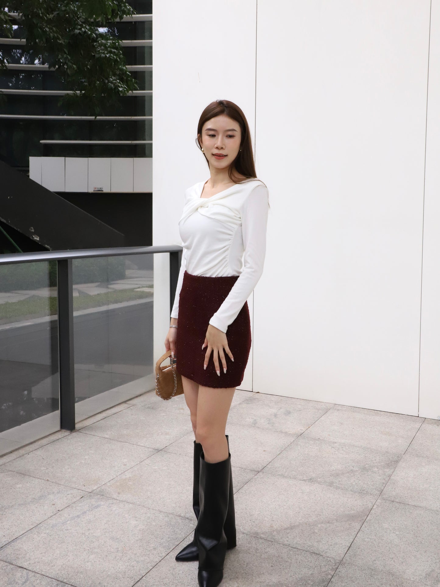 Checked Sleeves Wool Top