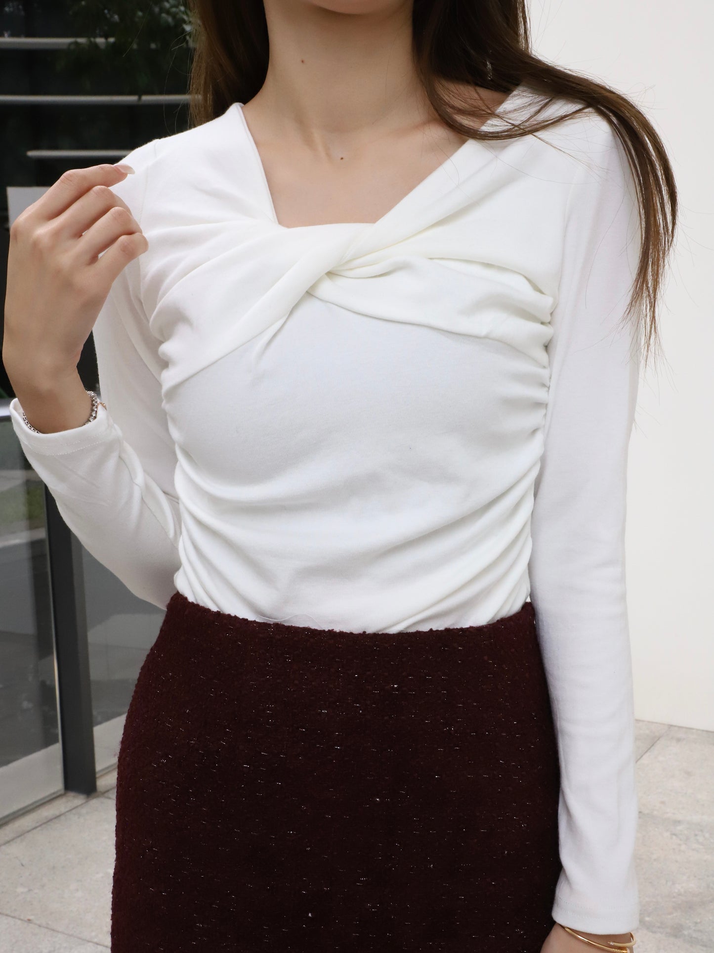 Cross Twisted Cotton Long Sleeves Top