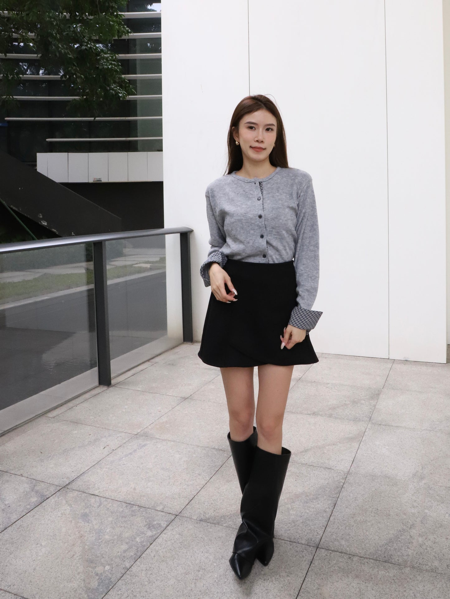 Checked Sleeves Wool Top