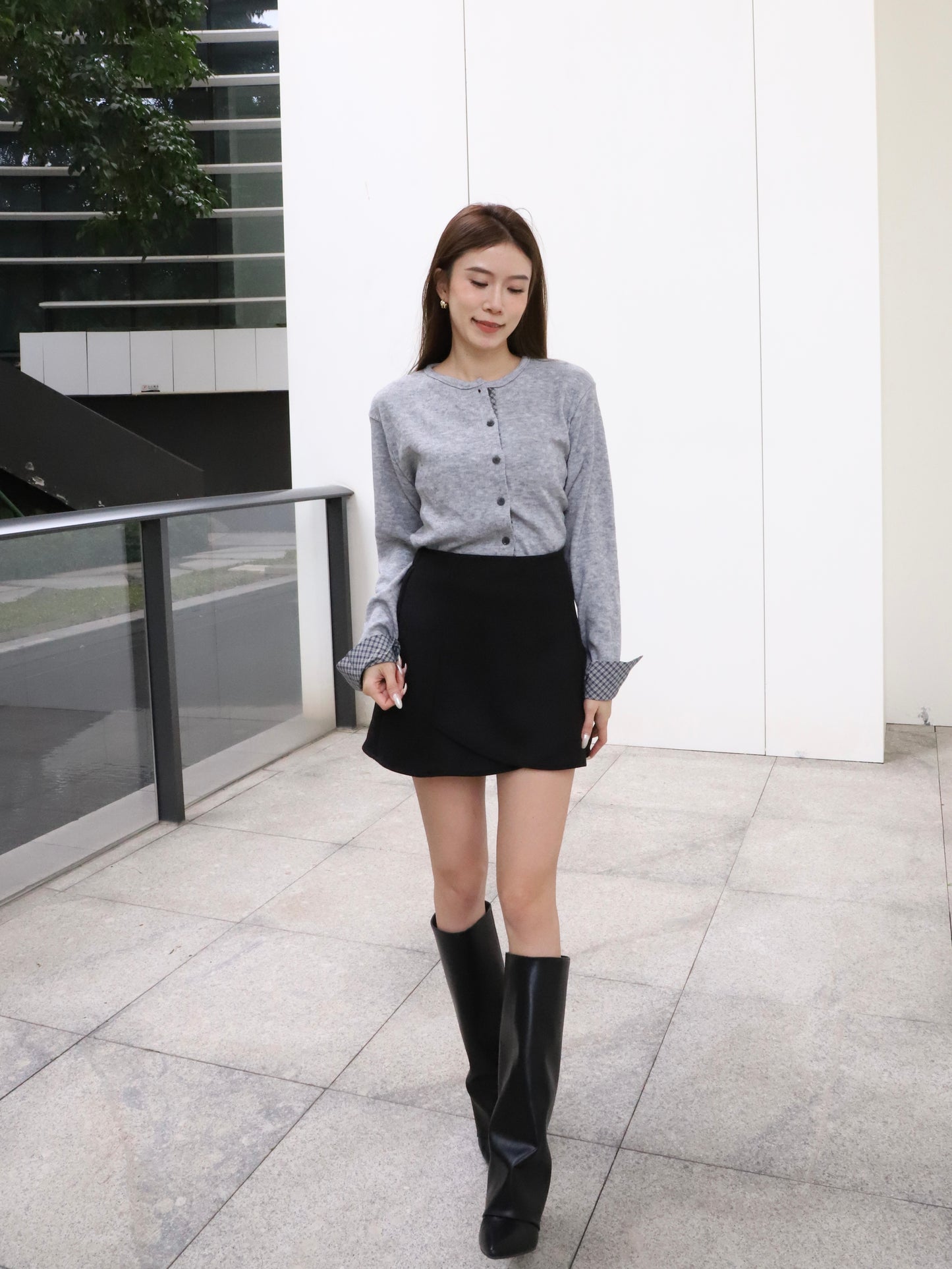 Checked Sleeves Wool Top